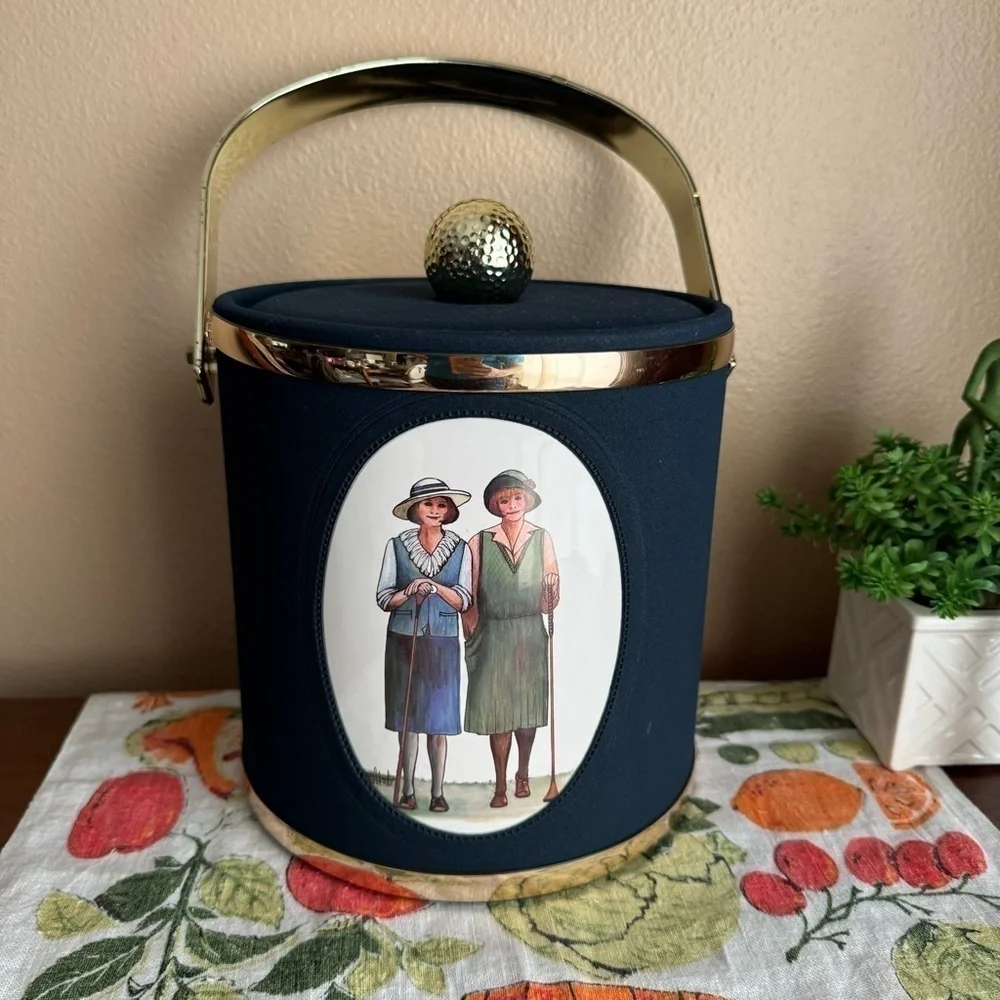 Vintage style lady golfer navy ice bucket with lid